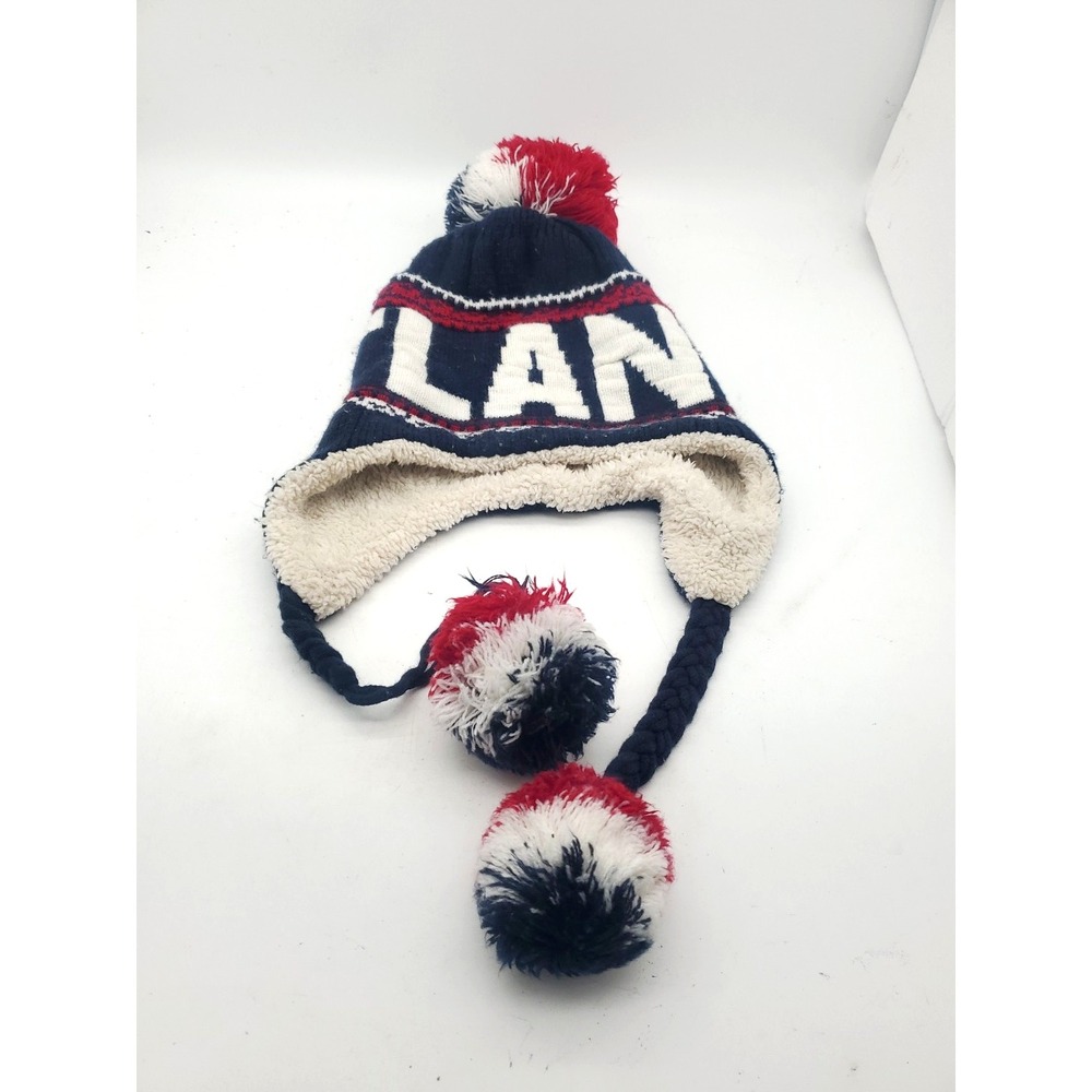 Robin Ruth Atlanta Winter Hat Beanie Three Pom Poms White Red‎ Blue Braves